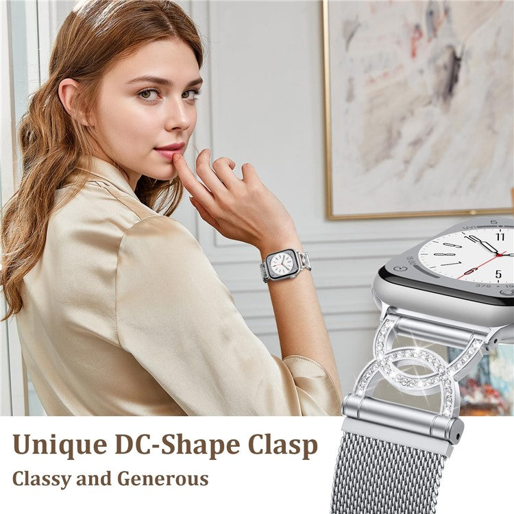 Watch Band For Apple Watch Series 10 9 8 7 SE 6 5 4 3 2 1 42mm 41mm 40mm 38mm DC-Shape Rhinestones Magnetic Clasp Stainless Steel Strap - Silver