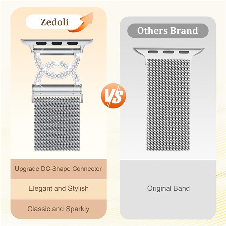 Watch Band For Apple Watch Series 10 9 8 7 SE 6 5 4 3 2 1 42mm 41mm 40mm 38mm DC-Shape Rhinestones Magnetic Clasp Stainless Steel Strap - Silver