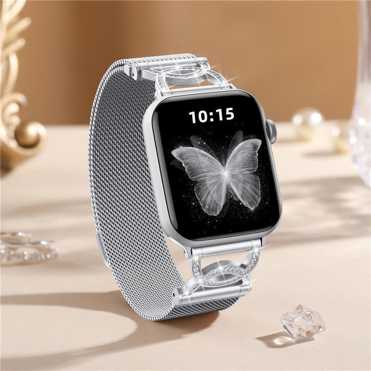 Watch Band For Apple Watch Series 10 9 8 7 SE 6 5 4 3 2 1 42mm 41mm 40mm 38mm DC-Shape Rhinestones Magnetic Clasp Stainless Steel Strap - Silver