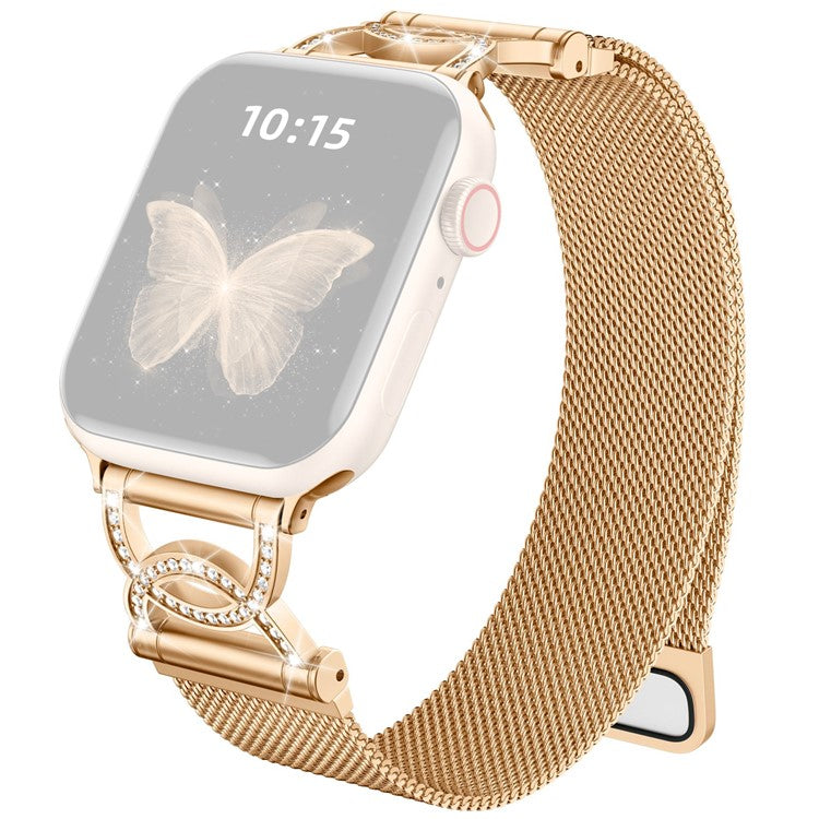 Watch Band For Apple Watch Series 10 9 8 7 SE 6 5 4 3 2 1 42mm 41mm 40mm 38mm DC-Shape Rhinestones Magnetic Clasp Stainless Steel Strap - Rose Gold