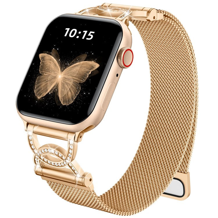 Watch Band For Apple Watch Series 10 9 8 7 SE 6 5 4 3 2 1 42mm 41mm 40mm 38mm DC-Shape Rhinestones Magnetic Clasp Stainless Steel Strap - Rose Gold