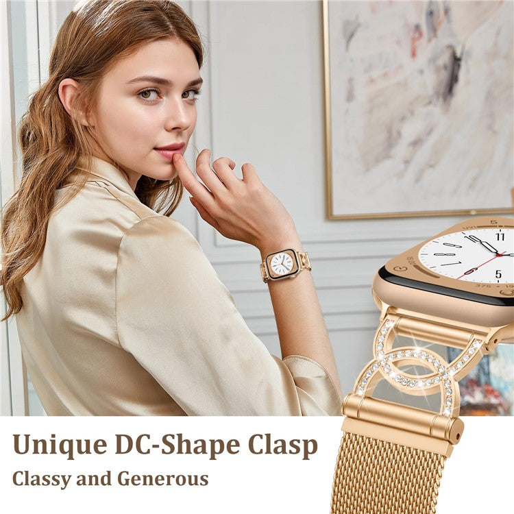 Watch Band For Apple Watch Series 10 9 8 7 SE 6 5 4 3 2 1 42mm 41mm 40mm 38mm DC-Shape Rhinestones Magnetic Clasp Stainless Steel Strap - Rose Gold