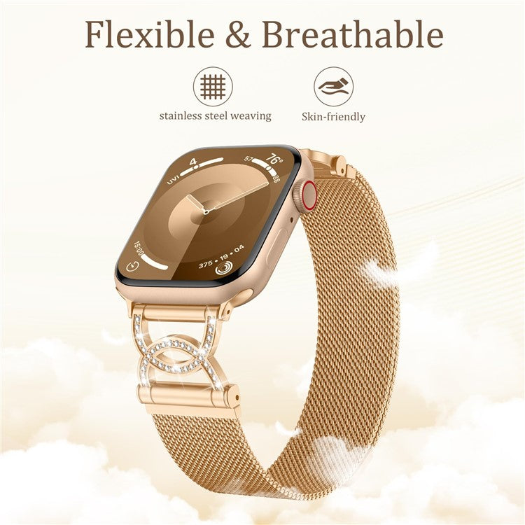 Watch Band For Apple Watch Series 10 9 8 7 SE 6 5 4 3 2 1 42mm 41mm 40mm 38mm DC-Shape Rhinestones Magnetic Clasp Stainless Steel Strap - Rose Gold