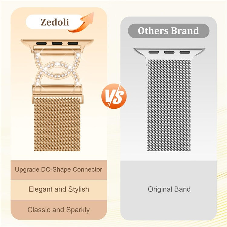 Watch Band For Apple Watch Series 10 9 8 7 SE 6 5 4 3 2 1 42mm 41mm 40mm 38mm DC-Shape Rhinestones Magnetic Clasp Stainless Steel Strap - Rose Gold