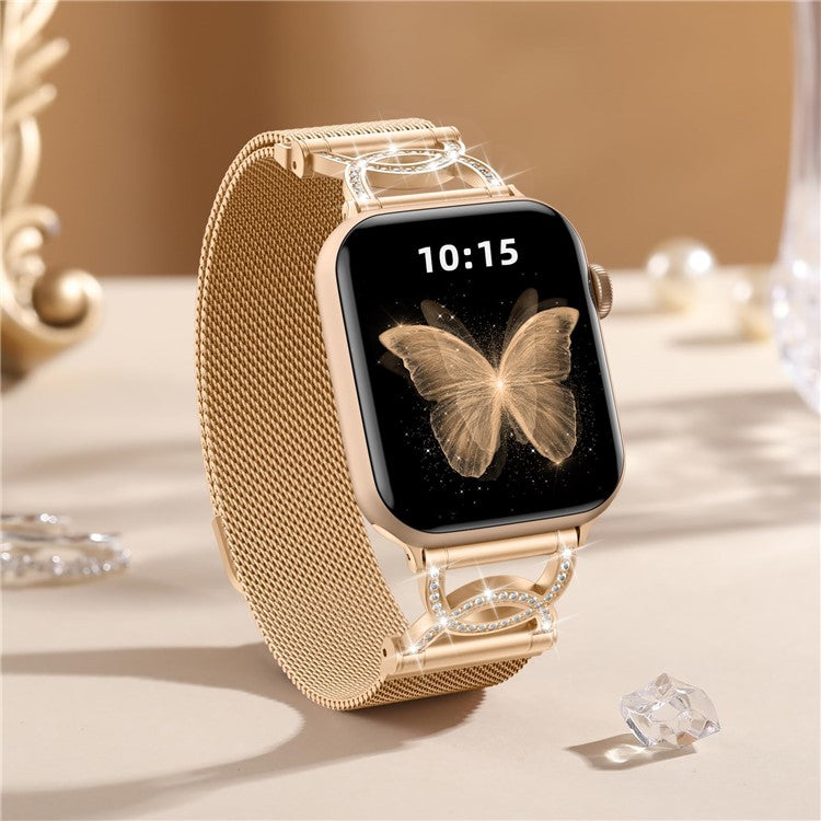 Watch Band For Apple Watch Series 10 9 8 7 SE 6 5 4 3 2 1 42mm 41mm 40mm 38mm DC-Shape Rhinestones Magnetic Clasp Stainless Steel Strap - Rose Gold