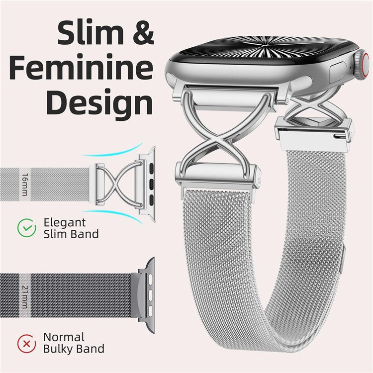 Watch Band For Apple Watch Series 10 Ultra 9 8 7 SE 6 5 4 3 2 1 46mm 49mm 45mm 44mm 42mm X-Shape Slim Magnetic Clasp Stainless Steel Strap - Silver