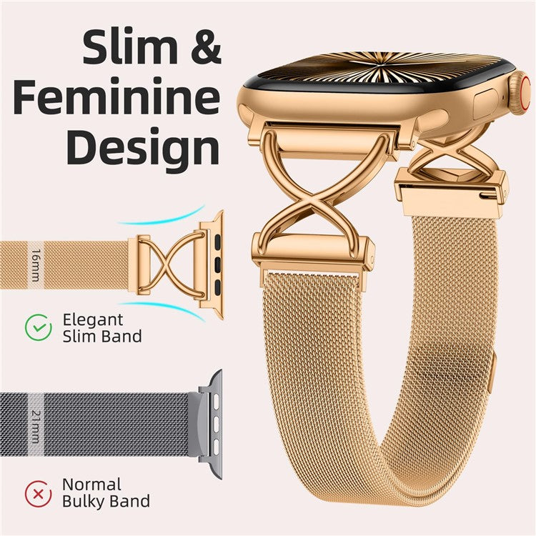 Watch Band For Apple Watch Series 10 Ultra 9 8 7 SE 6 5 4 3 2 1 46mm 49mm 45mm 44mm 42mm X-Shape Slim Magnetic Clasp Stainless Steel Strap - Gold
