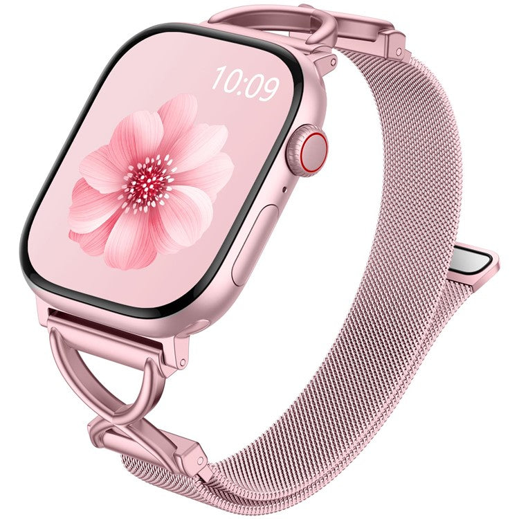 Watch Band For Apple Watch Series 10 Ultra 9 8 7 SE 6 5 4 3 2 1 46mm 49mm 45mm 44mm 42mm X-Shape Slim Magnetic Clasp Stainless Steel Strap - Rose Pink