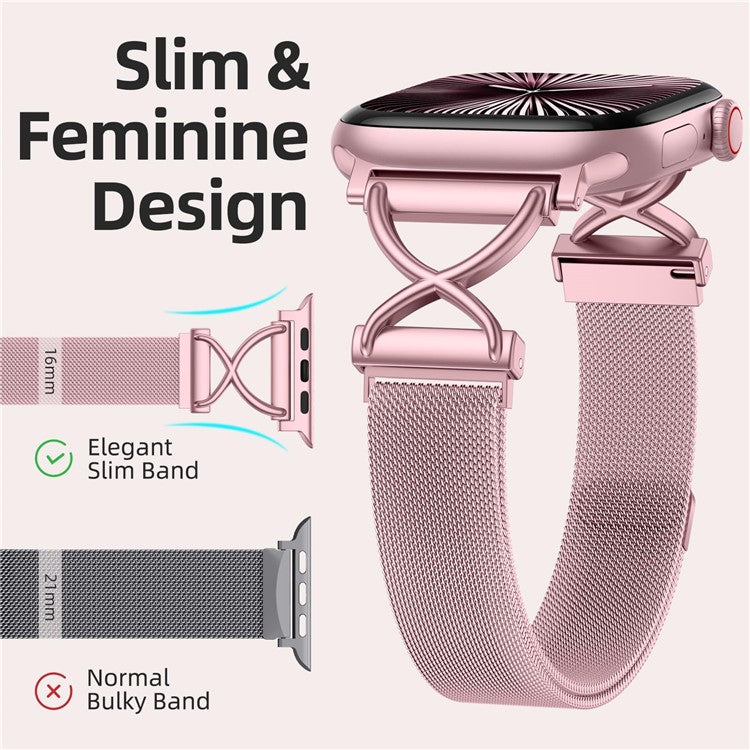 Watch Band For Apple Watch Series 10 Ultra 9 8 7 SE 6 5 4 3 2 1 46mm 49mm 45mm 44mm 42mm X-Shape Slim Magnetic Clasp Stainless Steel Strap - Rose Pink
