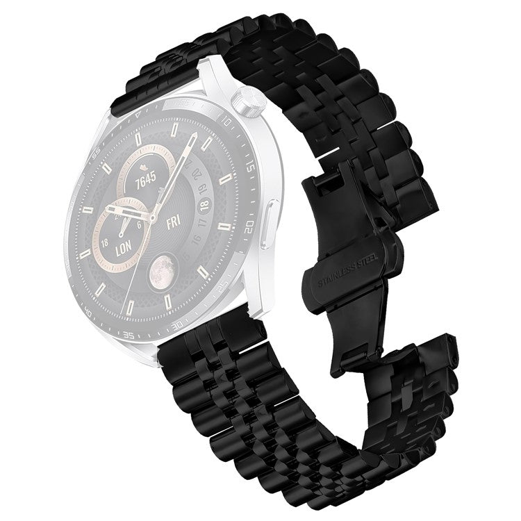 For Huawei Watch 3 Pro New Wrist Band 5-Bead Stainless Steel Butterfly Clasp Watch Strap - Black