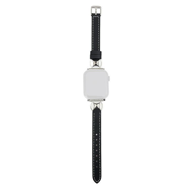 Watch Band For Apple Watch Series 10 9 8 7 SE 6 5 4 3 2 1 42mm 41mm 40mm 38mm Coin Shape Connector Genuine Cow Leather Strap - Black