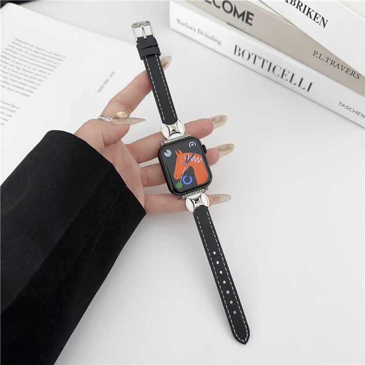 Watch Band For Apple Watch Series 10 9 8 7 SE 6 5 4 3 2 1 42mm 41mm 40mm 38mm Coin Shape Connector Genuine Cow Leather Strap - Black