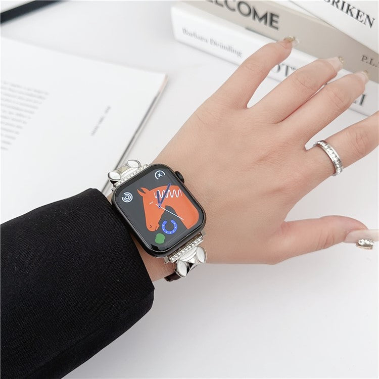 Watch Band For Apple Watch Series 10 9 8 7 SE 6 5 4 3 2 1 42mm 41mm 40mm 38mm Coin Shape Connector Genuine Cow Leather Strap - Black