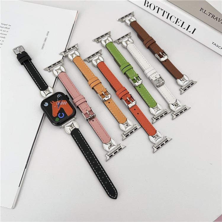 Watch Band For Apple Watch Series 10 9 8 7 SE 6 5 4 3 2 1 42mm 41mm 40mm 38mm Coin Shape Connector Genuine Cow Leather Strap - Black