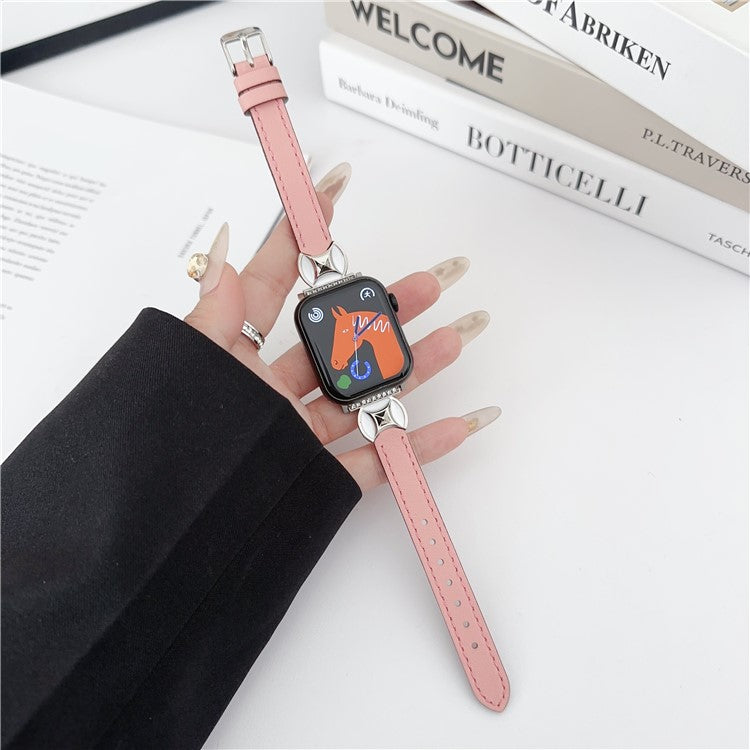 Watch Band For Apple Watch Series 10 9 8 7 SE 6 5 4 3 2 1 42mm 41mm 40mm 38mm Coin Shape Connector Genuine Cow Leather Strap - Pink