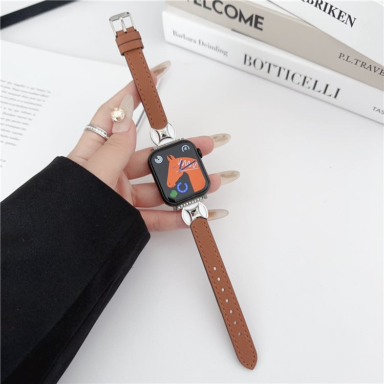 Watch Band For Apple Watch Series 10 9 8 7 SE 6 5 4 3 2 1 42mm 41mm 40mm 38mm Coin Shape Connector Genuine Cow Leather Strap - Brown