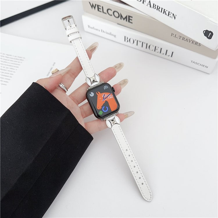 Watch Band For Apple Watch Series 10 Ultra 9 8 7 SE 6 5 4 3 2 1 46mm 49mm 45mm 44mm 42mm Coin Shape Connector Genuine Cow Leather Strap - White