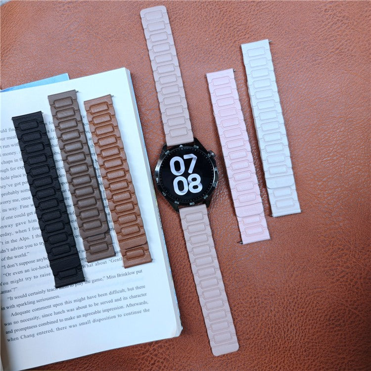 For Huawei Watch GT 5 46mm Watch Band 22mm Universal 3-Bead Magnetic Leather Strap - Light Pink