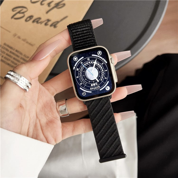 Watch Band for Apple Watch Series 10 9 8 7 SE 6 5 4 3 2 1 42mm 41mm 40mm 38mm Diagonal Stripes Adjustable Nylon Strap - Black