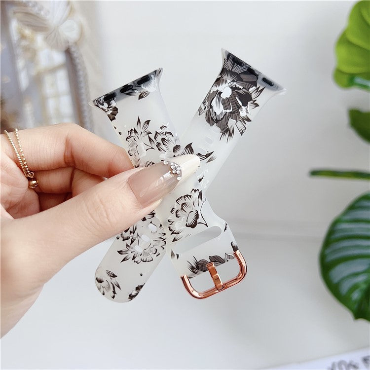 Watch Band for Apple Watch Series 10 Ultra 9 8 7 SE 6 5 4 3 2 1 46mm 49mm 45mm 44mm 42mm Pattern Printed Clear Silicone Strap - Flower