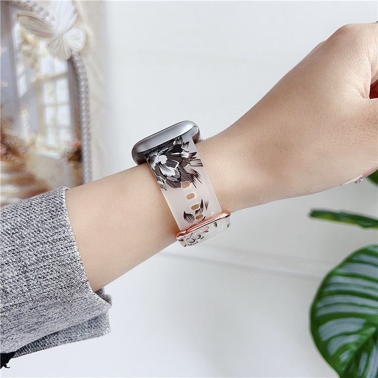 Watch Band for Apple Watch Series 10 Ultra 9 8 7 SE 6 5 4 3 2 1 46mm 49mm 45mm 44mm 42mm Pattern Printed Clear Silicone Strap - Flower