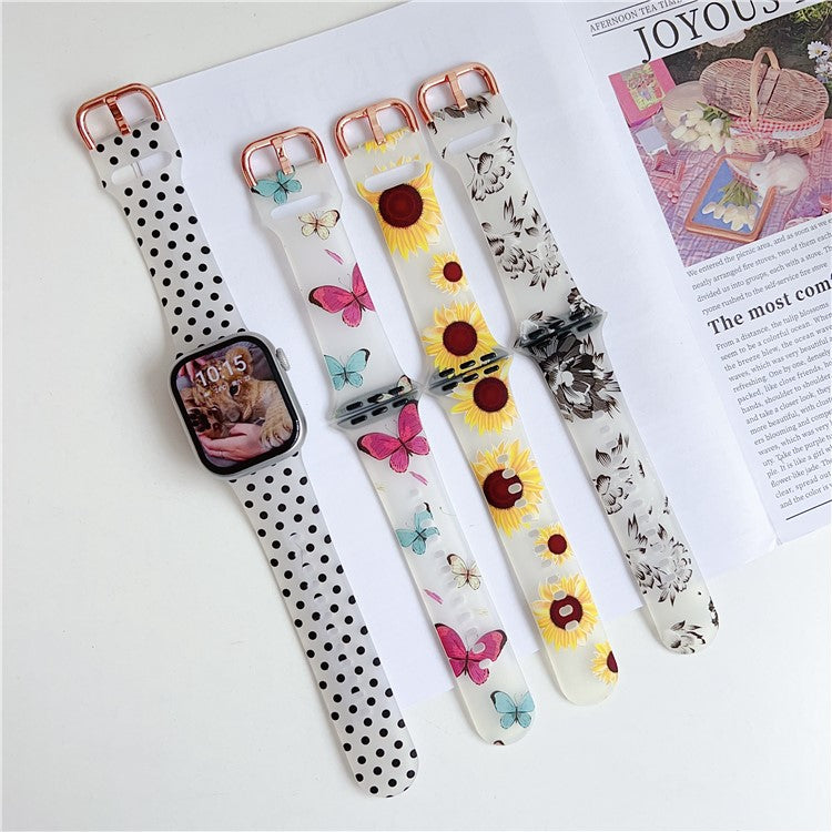 Watch Band for Apple Watch Series 10 Ultra 9 8 7 SE 6 5 4 3 2 1 46mm 49mm 45mm 44mm 42mm Pattern Printed Clear Silicone Strap - Flower