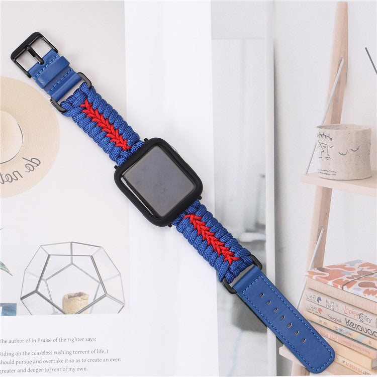Watch Band for Apple Watch Series 10 Ultra 9 8 7 SE 6 5 4 3 2 1 46mm 49mm 45mm 44mm 42mm Leather + Braided Rope Wrist Strap - Blue