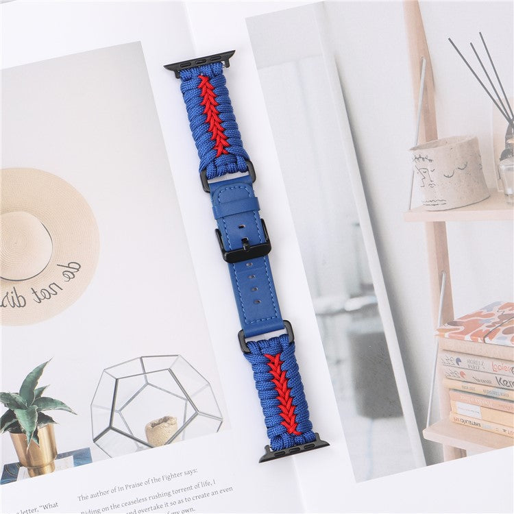 Watch Band for Apple Watch Series 10 Ultra 9 8 7 SE 6 5 4 3 2 1 46mm 49mm 45mm 44mm 42mm Leather + Braided Rope Wrist Strap - Blue