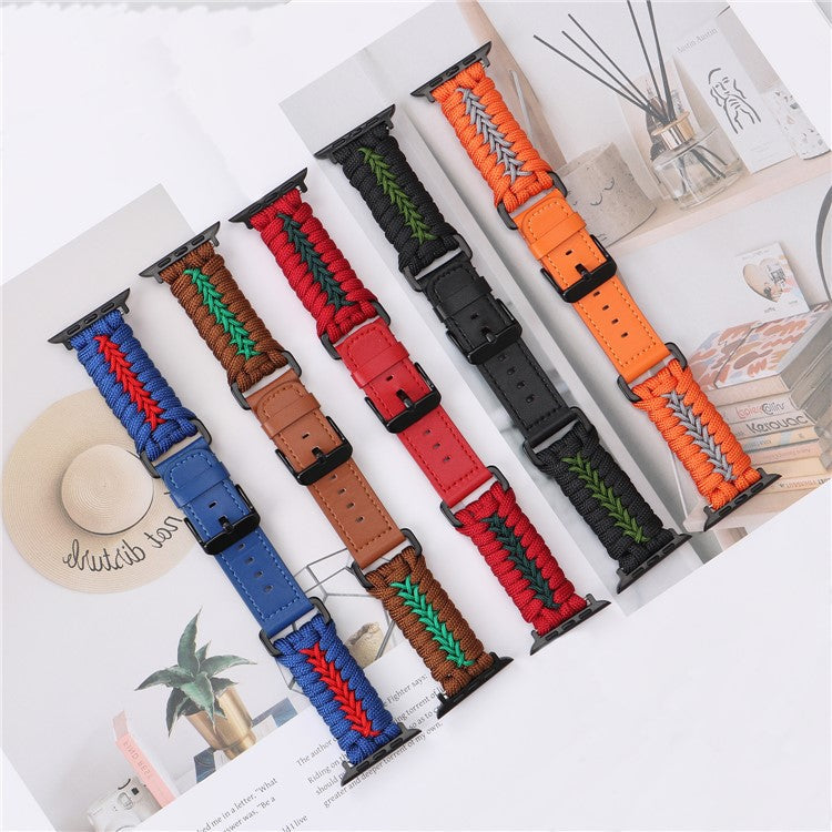 Watch Band for Apple Watch Series 10 Ultra 9 8 7 SE 6 5 4 3 2 1 46mm 49mm 45mm 44mm 42mm Leather + Braided Rope Wrist Strap - Blue