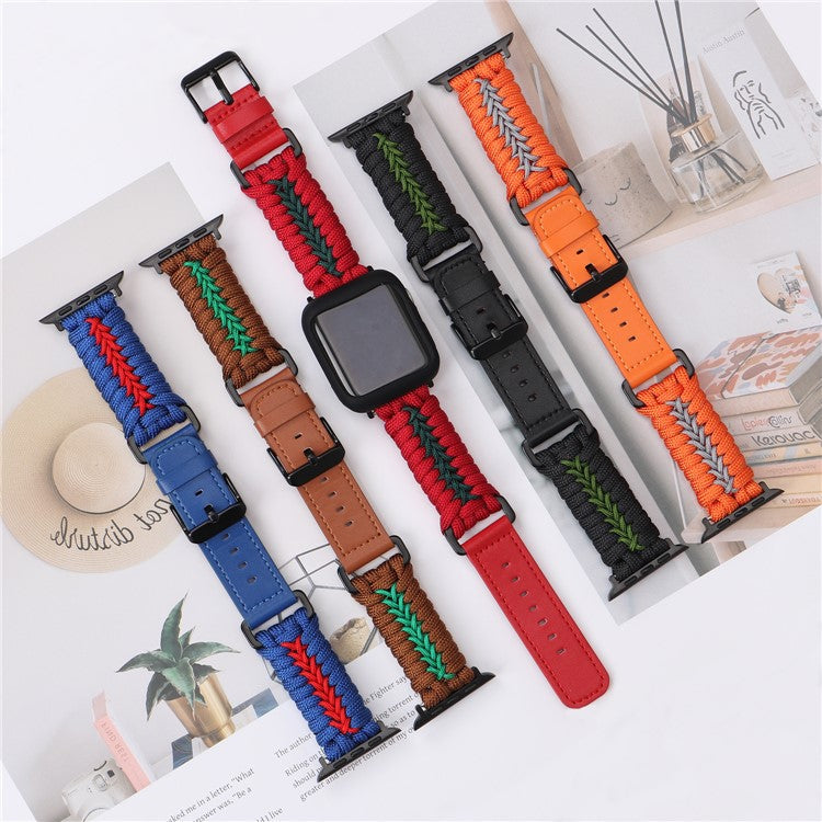 Watch Band for Apple Watch Series 10 Ultra 9 8 7 SE 6 5 4 3 2 1 46mm 49mm 45mm 44mm 42mm Leather + Braided Rope Wrist Strap - Blue