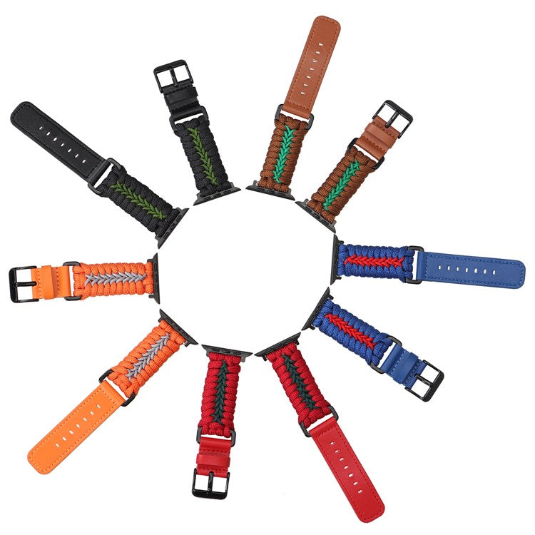 Watch Band for Apple Watch Series 10 Ultra 9 8 7 SE 6 5 4 3 2 1 46mm 49mm 45mm 44mm 42mm Leather + Braided Rope Wrist Strap - Blue