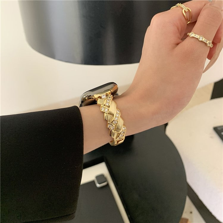 Copper Watch Strap for Apple Watch Series 10 9 8 7 SE 6 5 4 3 2 1 42mm 41mm 40mm 38mm Wheat Ear Zircon Bracelet Band - Gold