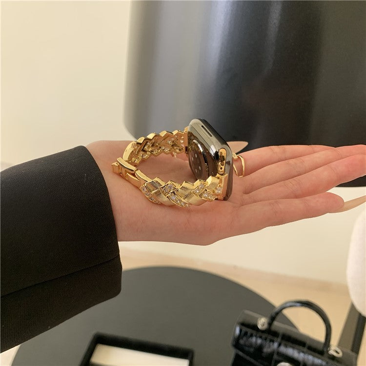 Copper Watch Strap for Apple Watch Series 10 9 8 7 SE 6 5 4 3 2 1 42mm 41mm 40mm 38mm Wheat Ear Zircon Bracelet Band - Gold