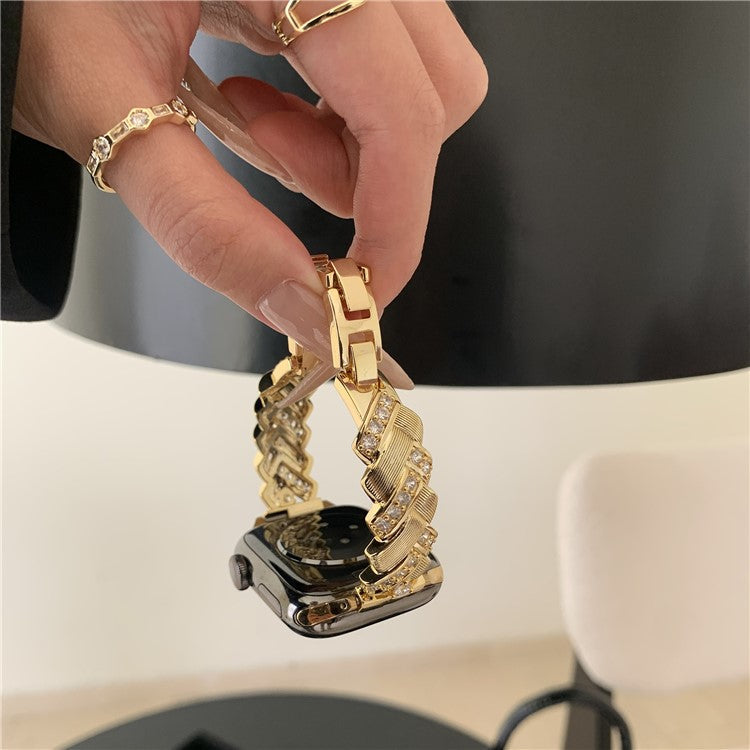 Copper Watch Strap for Apple Watch Series 10 9 8 7 SE 6 5 4 3 2 1 42mm 41mm 40mm 38mm Wheat Ear Zircon Bracelet Band - Gold