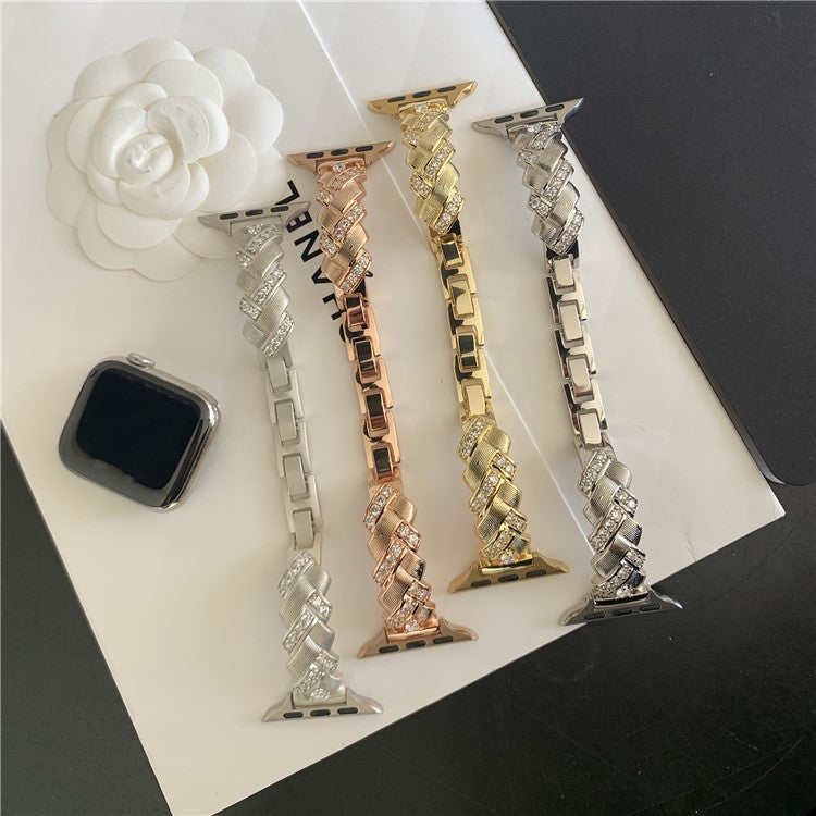 Copper Watch Strap for Apple Watch Series 10 9 8 7 SE 6 5 4 3 2 1 42mm 41mm 40mm 38mm Wheat Ear Zircon Bracelet Band - Gold