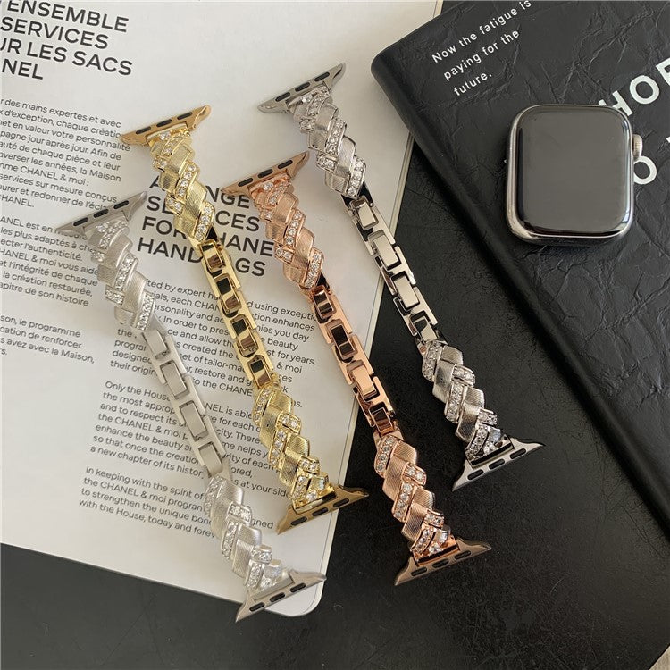 Copper Watch Strap for Apple Watch Series 10 9 8 7 SE 6 5 4 3 2 1 42mm 41mm 40mm 38mm Wheat Ear Zircon Bracelet Band - Gold