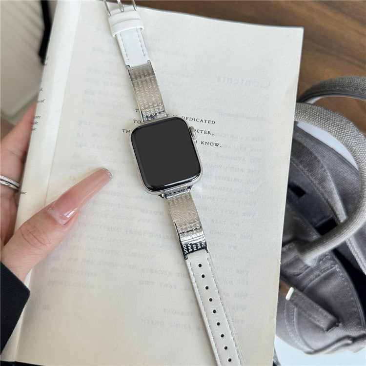 Watch Band For Apple Watch Series 10 9 8 7 SE 6 5 4 3 2 1 42mm 41mm 40mm 38mm Poetry Metal Curved Plate Wrist Strap - White Leather