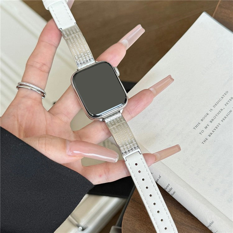 Watch Band For Apple Watch Series 10 9 8 7 SE 6 5 4 3 2 1 42mm 41mm 40mm 38mm Poetry Metal Curved Plate Wrist Strap - White Leather