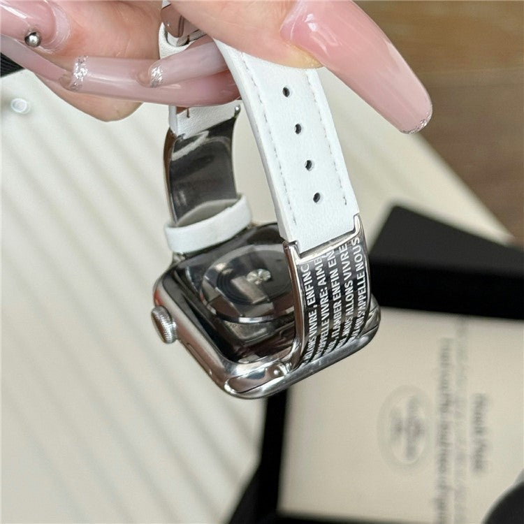 Watch Band For Apple Watch Series 10 9 8 7 SE 6 5 4 3 2 1 42mm 41mm 40mm 38mm Poetry Metal Curved Plate Wrist Strap - White Leather