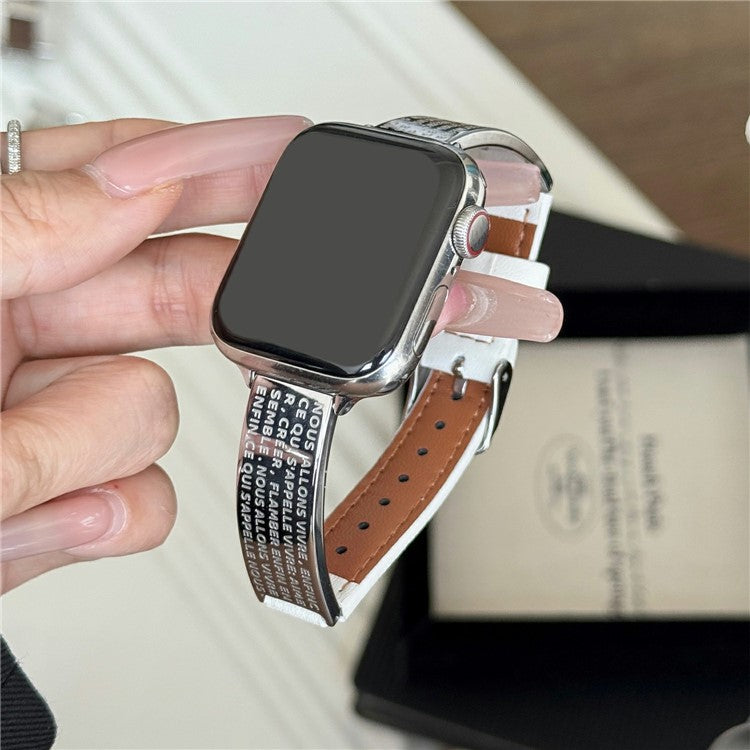 Watch Band For Apple Watch Series 10 9 8 7 SE 6 5 4 3 2 1 42mm 41mm 40mm 38mm Poetry Metal Curved Plate Wrist Strap - White Leather