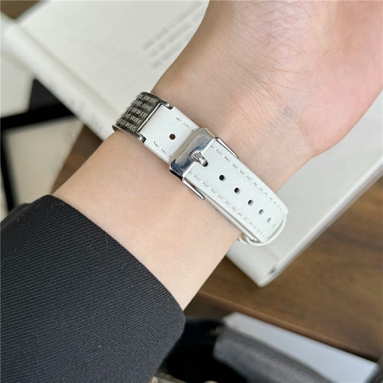 Watch Band For Apple Watch Series 10 9 8 7 SE 6 5 4 3 2 1 42mm 41mm 40mm 38mm Poetry Metal Curved Plate Wrist Strap - White Leather