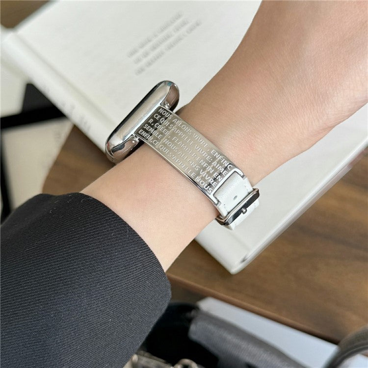 Watch Band For Apple Watch Series 10 9 8 7 SE 6 5 4 3 2 1 42mm 41mm 40mm 38mm Poetry Metal Curved Plate Wrist Strap - White Leather