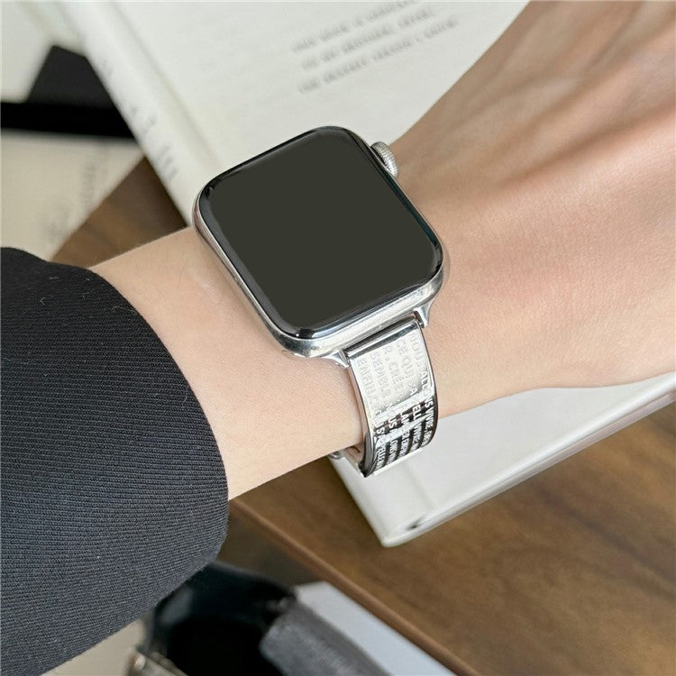 Watch Band For Apple Watch Series 10 9 8 7 SE 6 5 4 3 2 1 42mm 41mm 40mm 38mm Poetry Metal Curved Plate Wrist Strap - White Leather