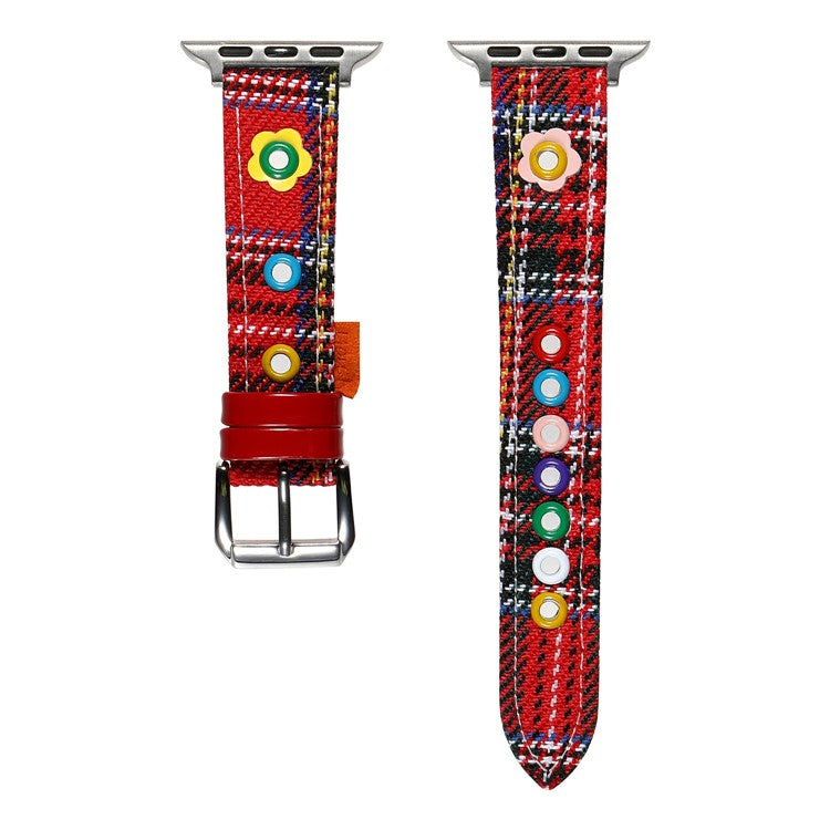 Denim Watch Band for Apple Watch Series 10 Ultra 9 8 7 SE 6 5 4 3 2 1 46mm 49mm 45mm 44mm 42mm Dopamine Flower Strap - Red Plaid