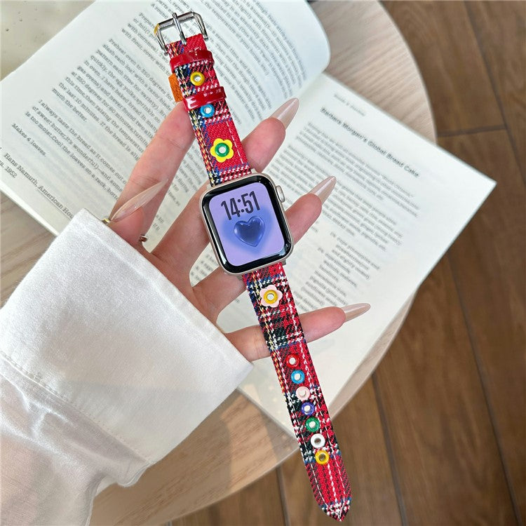 Denim Watch Band for Apple Watch Series 10 Ultra 9 8 7 SE 6 5 4 3 2 1 46mm 49mm 45mm 44mm 42mm Dopamine Flower Strap - Red Plaid