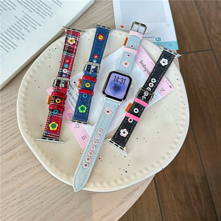 Denim Watch Band for Apple Watch Series 10 Ultra 9 8 7 SE 6 5 4 3 2 1 46mm 49mm 45mm 44mm 42mm Dopamine Flower Strap - Red Plaid