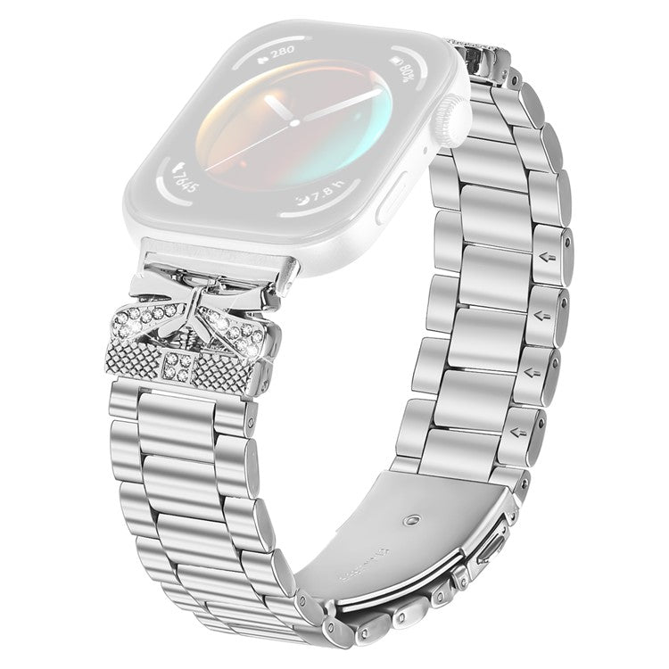 For Huawei Watch Fit 3 Replacement Strap Butterfly Rhinestones Decor Silver Stainless Steel Watch Band