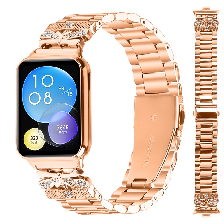 Replacement Strap for Xiaomi Redmi Watch 4 Butterfly Rhinestones Decor Metal Watch Band - Rose Gold