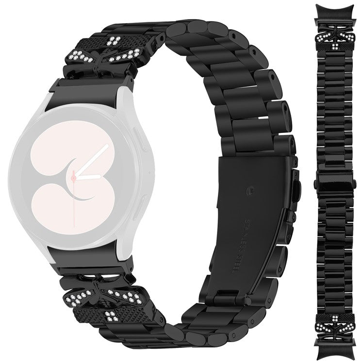 Metal Strap with Connector for Samsung Galaxy Watch7 44mm / 40mm Butterfly Rhinestones Decor Watch Band - Black