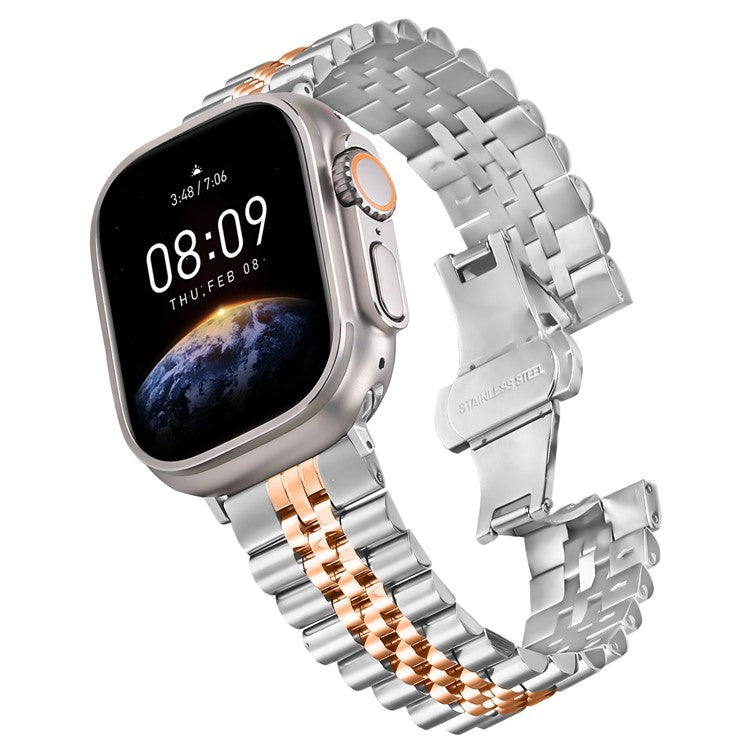 Metal Watch Band for Apple Watch Series 10 9 8 7 SE 6 5 4 3 2 1 42mm 41mm 40mm 38mm Replacement Strap with Butterfly Clasp - Rose Gold / Silver